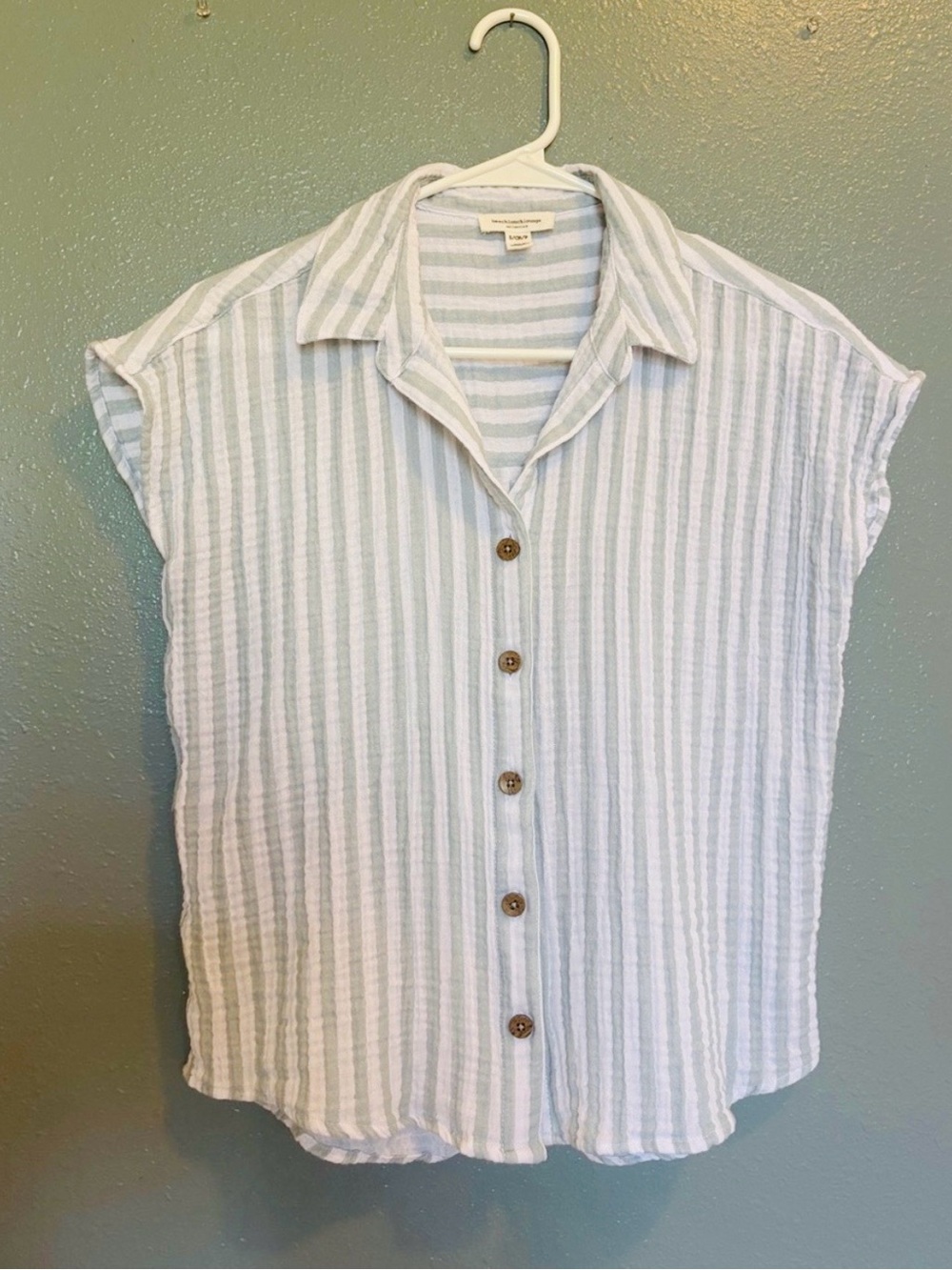 100% Cotton | Pale Green and White Striped Button-Down | Gauze Top